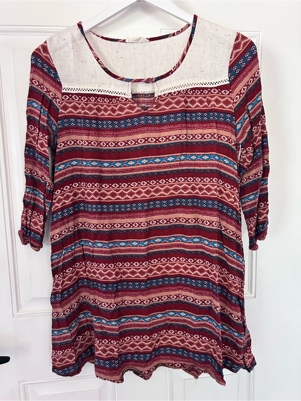 Hem & Thread Red Patterned Short Sleeve Tunic with Cream Yoke